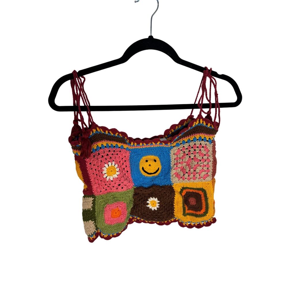 Earthbound Crochet Patchwork Smiley Face Tank Top Boho Festival 100% Cotton S